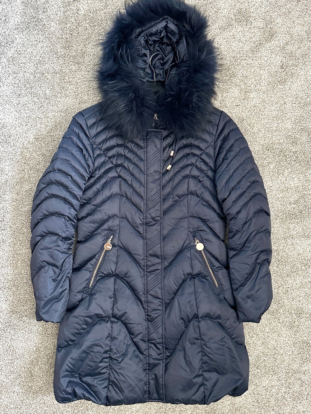 Athabasca Softwear Flash Geo Navy Down Puffer Coat Removable Fur Hood Canadian M